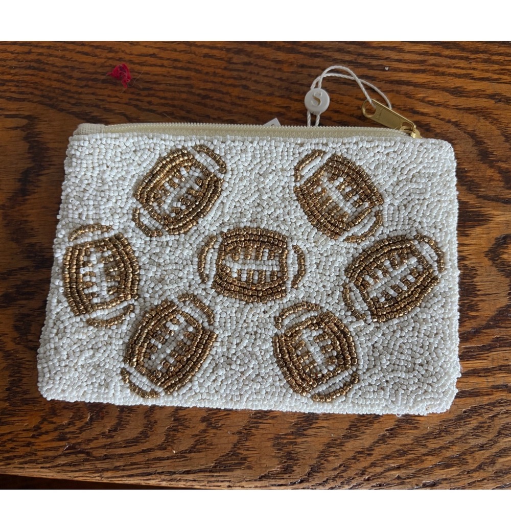 Shiraleah Chicago Beaded Football Zip Pouch Ivory Gold Game Day Coin Purse NEW